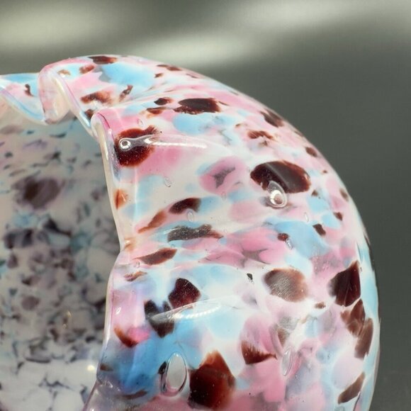 Czech Art Glass Rose Bowl Dish Hand Blown Multicolor Spots Bowl Ruffled Edges - Picture 6 of 14